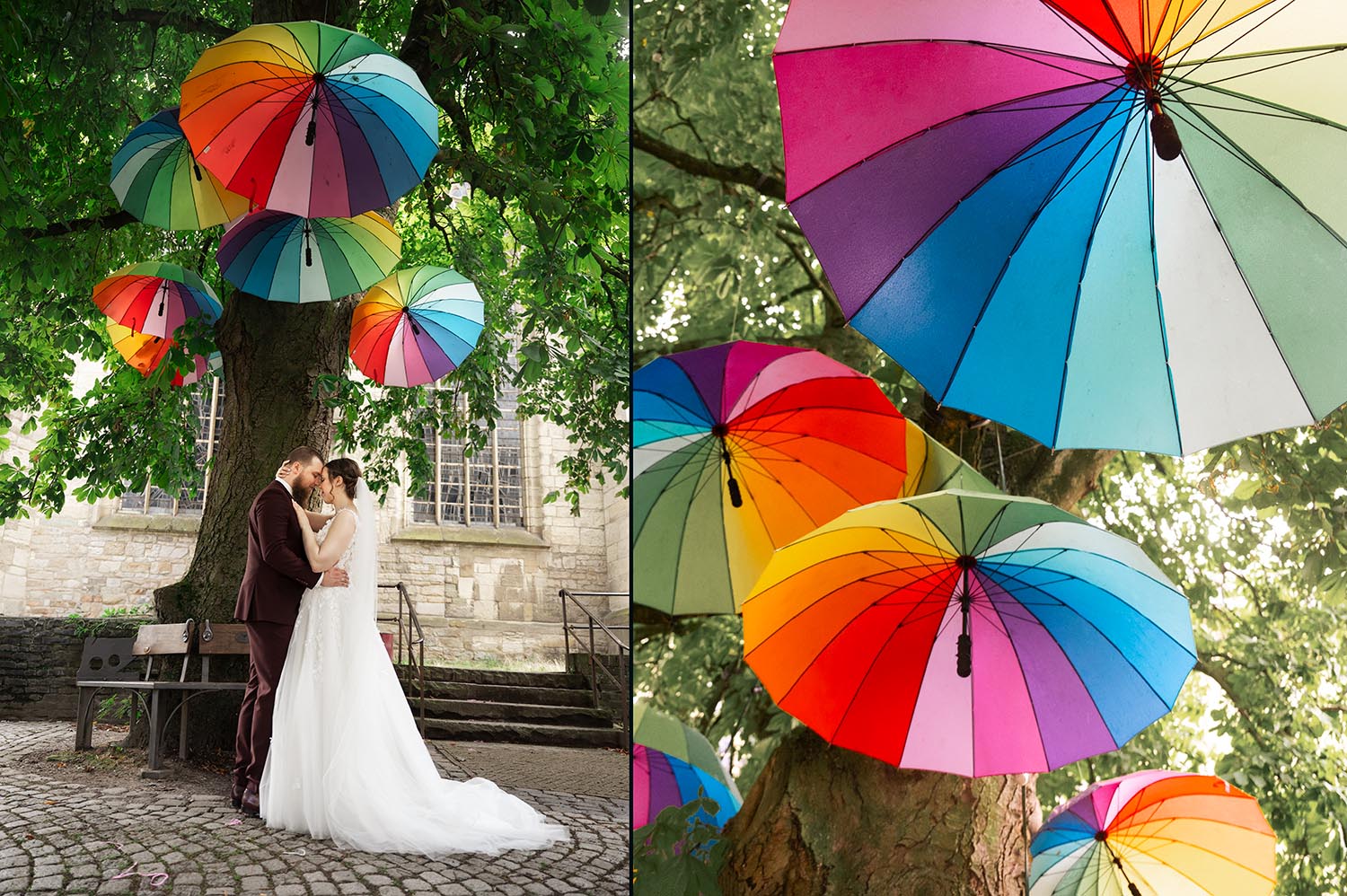 Hochzeitspaar vor dem Nicolaihaus in Unna küsst sich