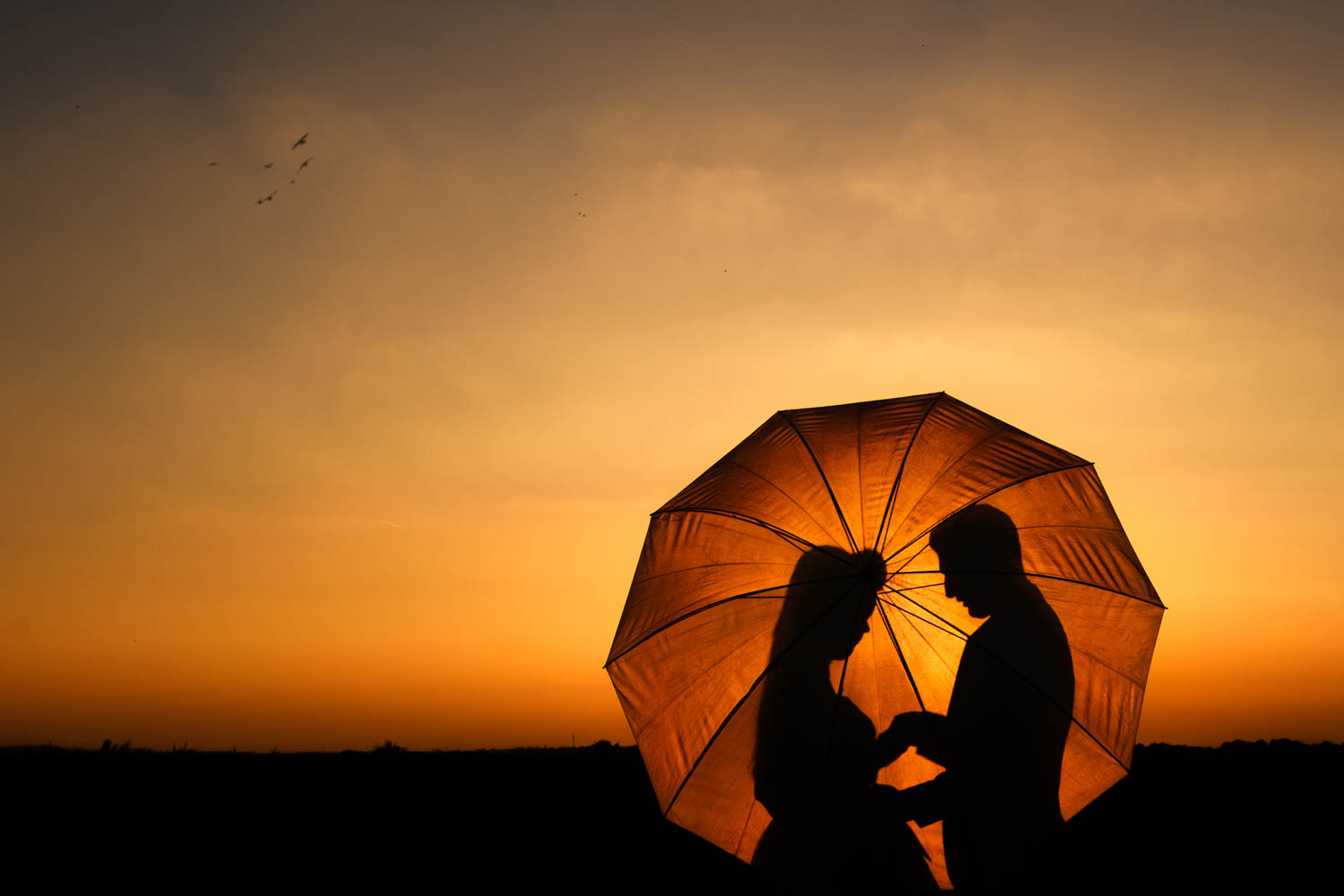 Hochzeitsfotograf Unna Hochzeitspaar vor Sonnenuntergang mit Schirm